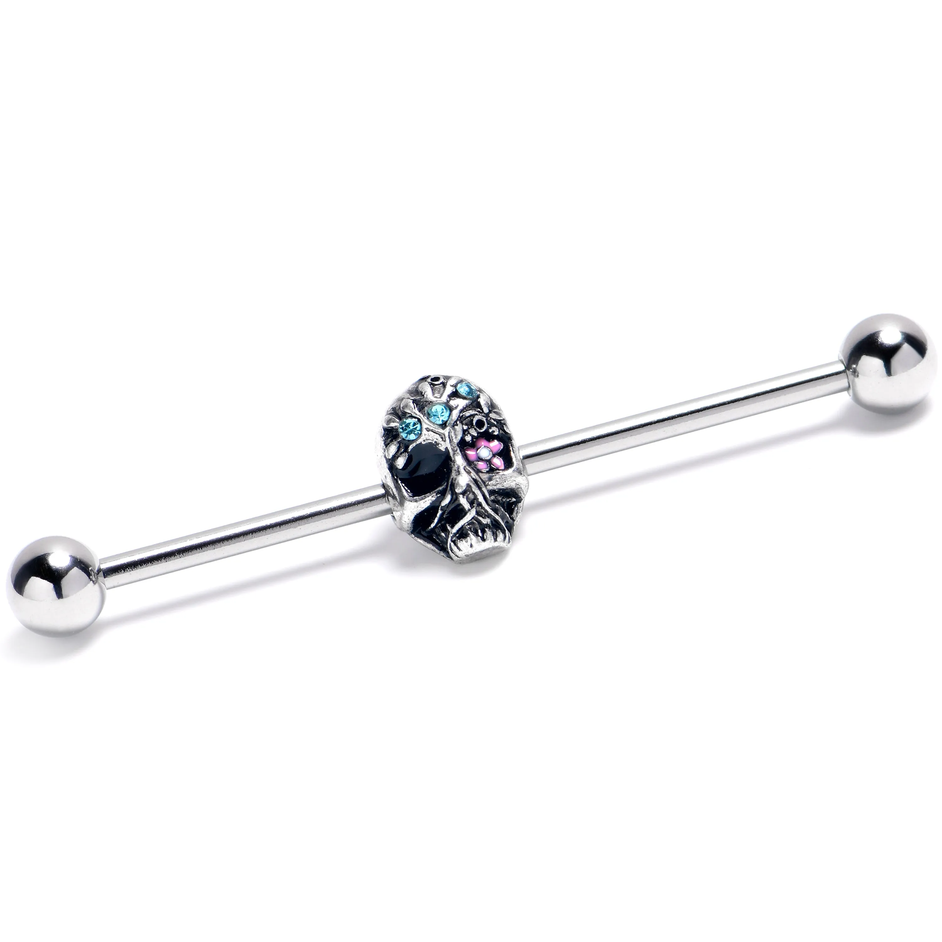 14 Gauge Blue CZ Gem Stylish Skull Industrial Barbell 38mm