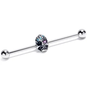 14 Gauge Blue CZ Gem Stylish Skull Industrial Barbell 38mm