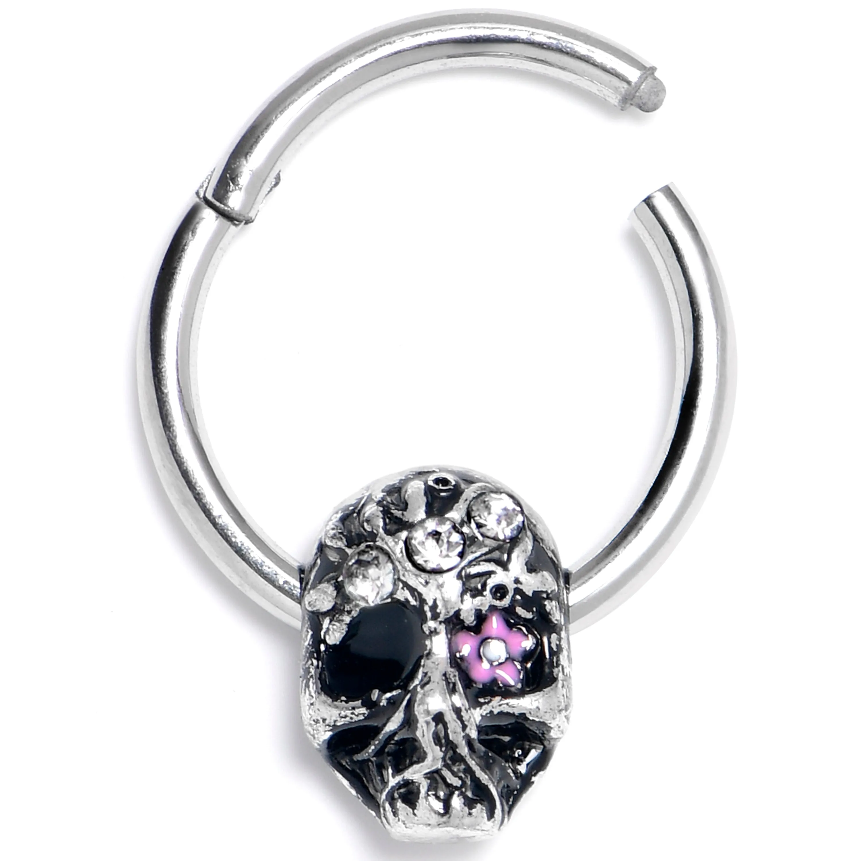 16 Gauge 3/8 Clear Gem Stylish Skull Hinged Segment Ring