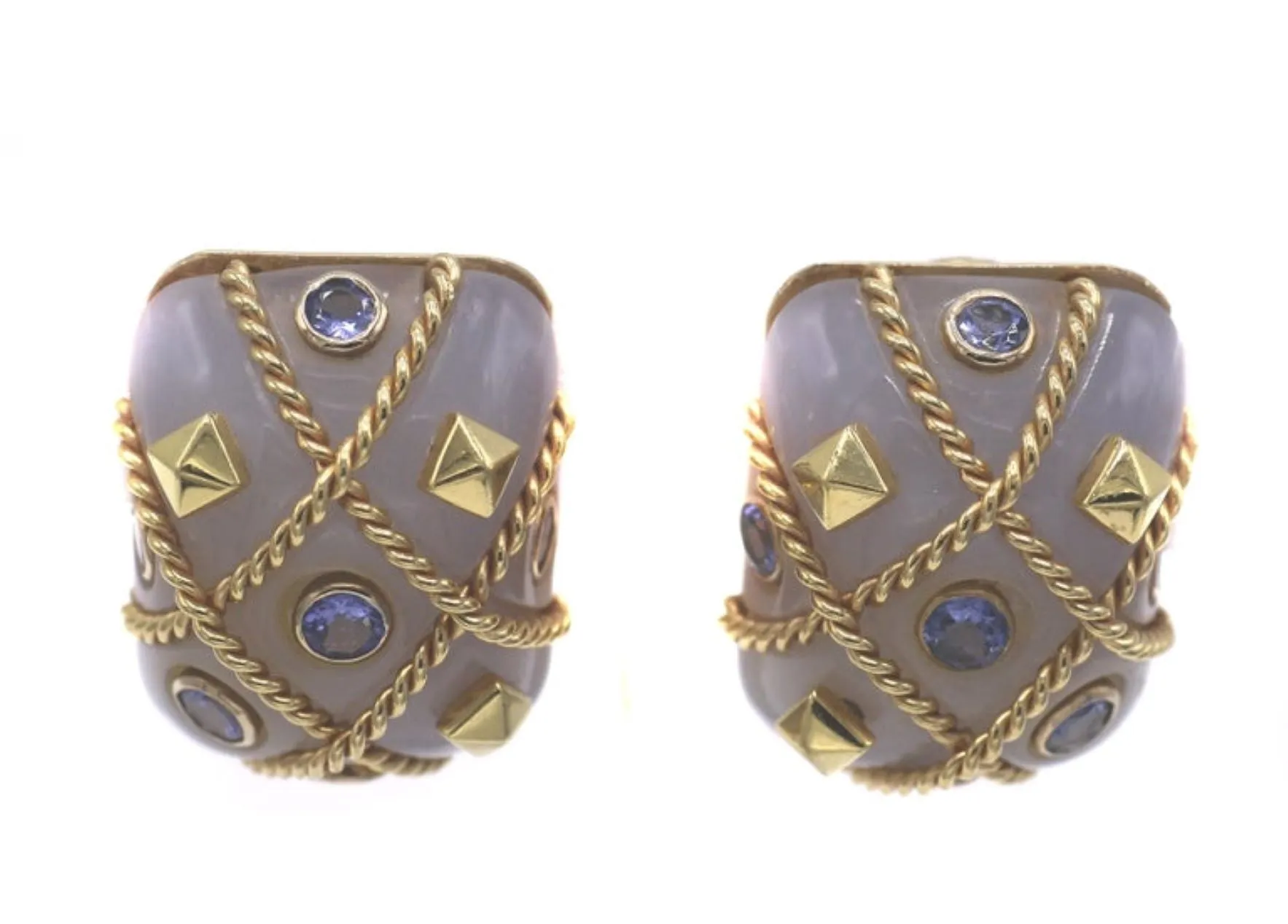 1980s Agate Sapphire 18 Karat Gold Cage Ear Clips