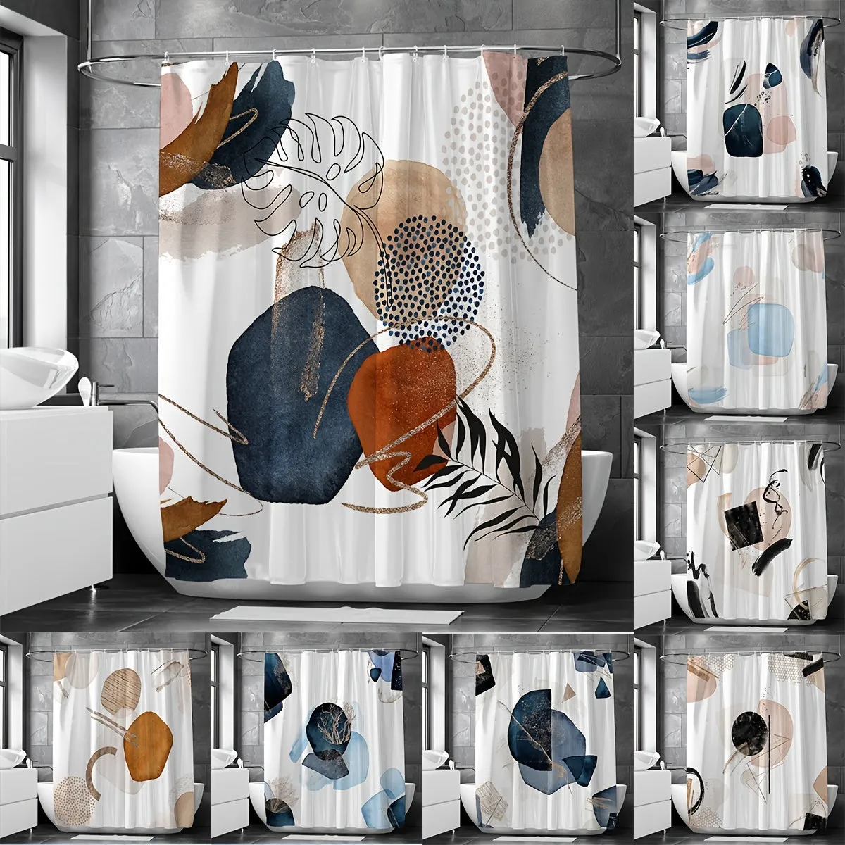 Abstract Modern Waterproof Shower Curtain with Hooks