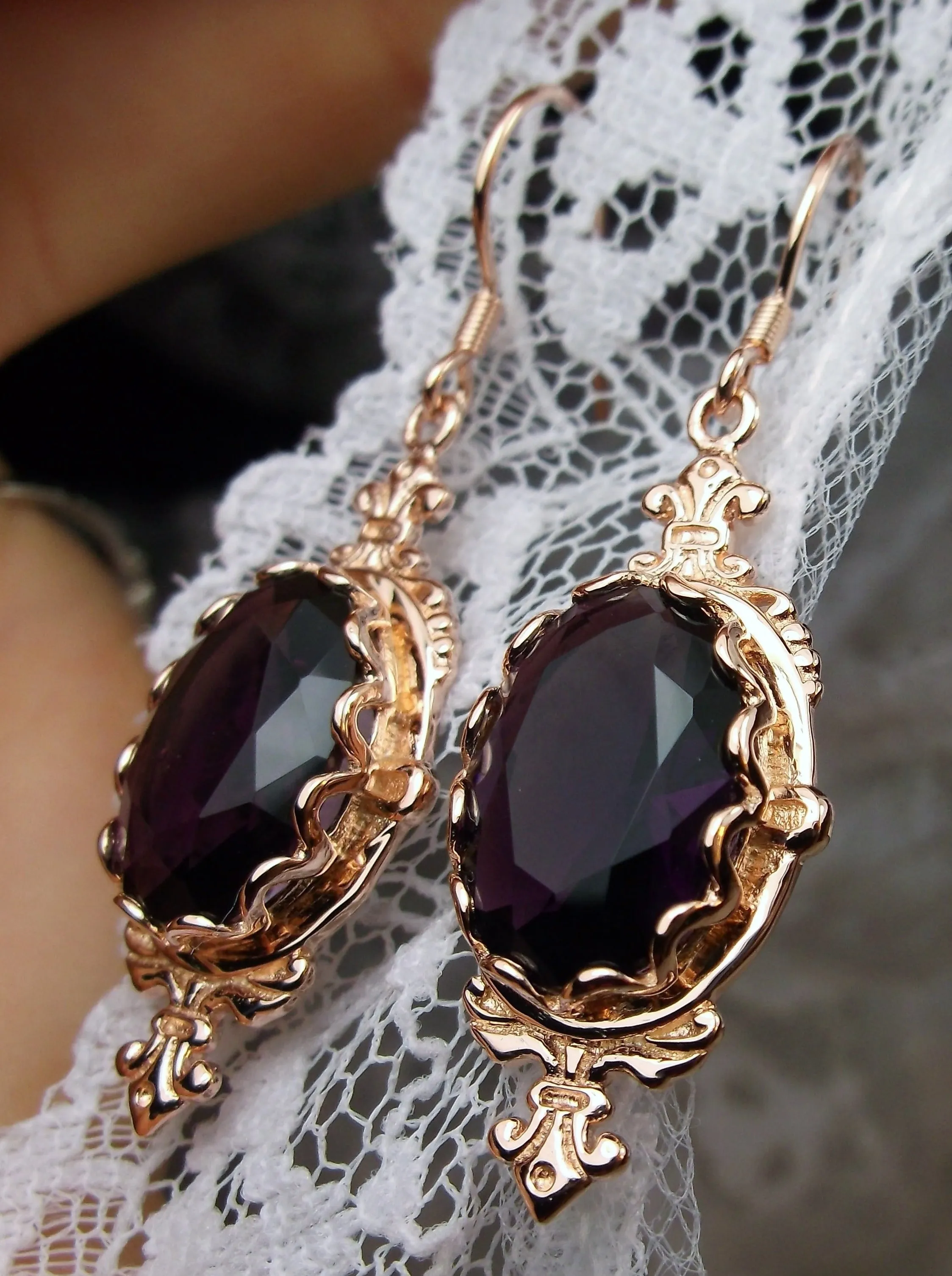 Amethyst Earrings, Rose Gold-plate, Stylish Victorian Jewelry #E18