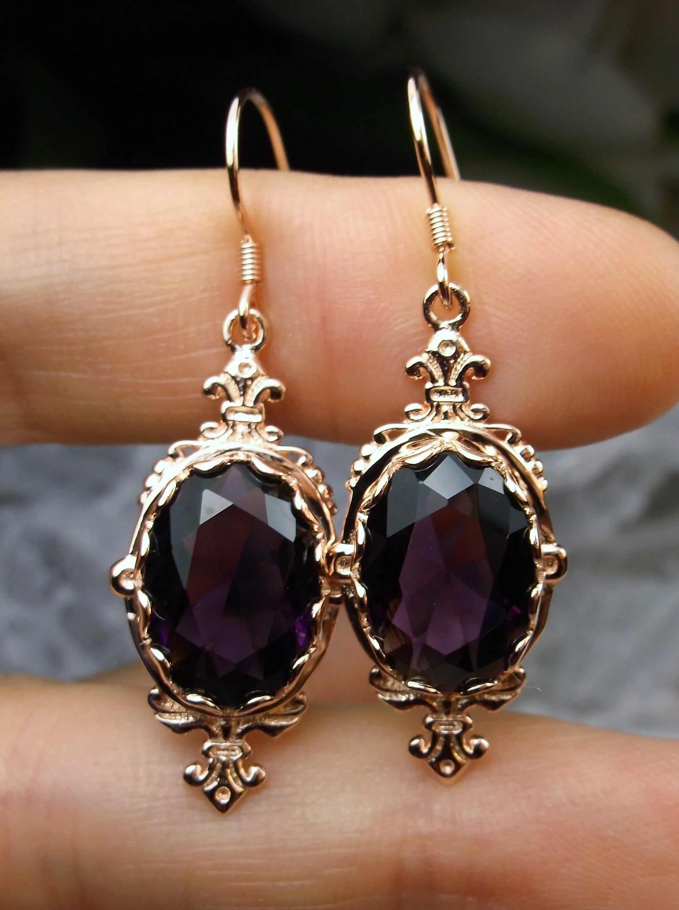 Amethyst Earrings, Rose Gold-plate, Stylish Victorian Jewelry #E18
