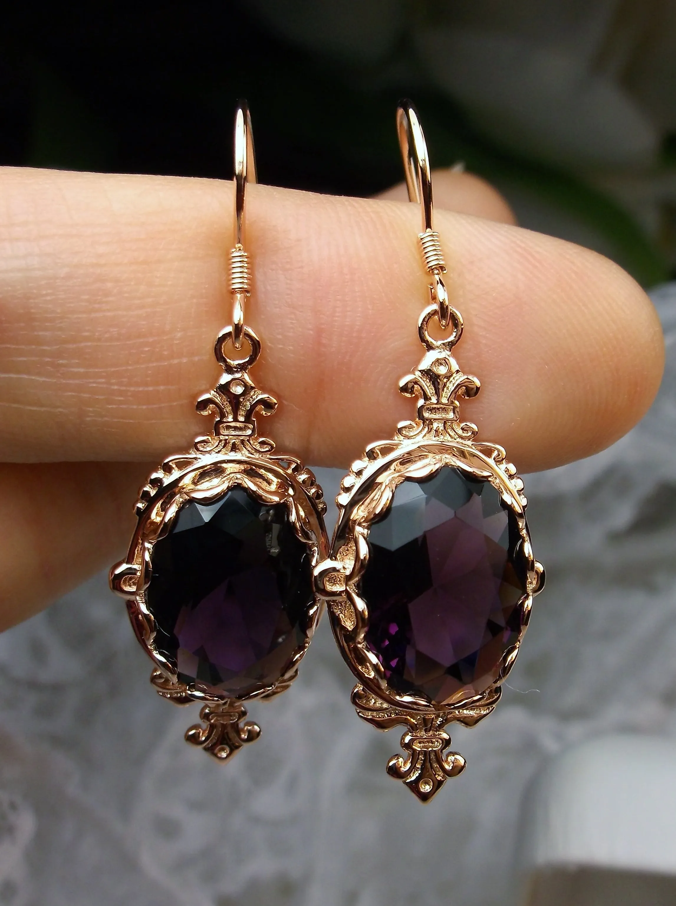 Amethyst Earrings, Rose Gold-plate, Stylish Victorian Jewelry #E18
