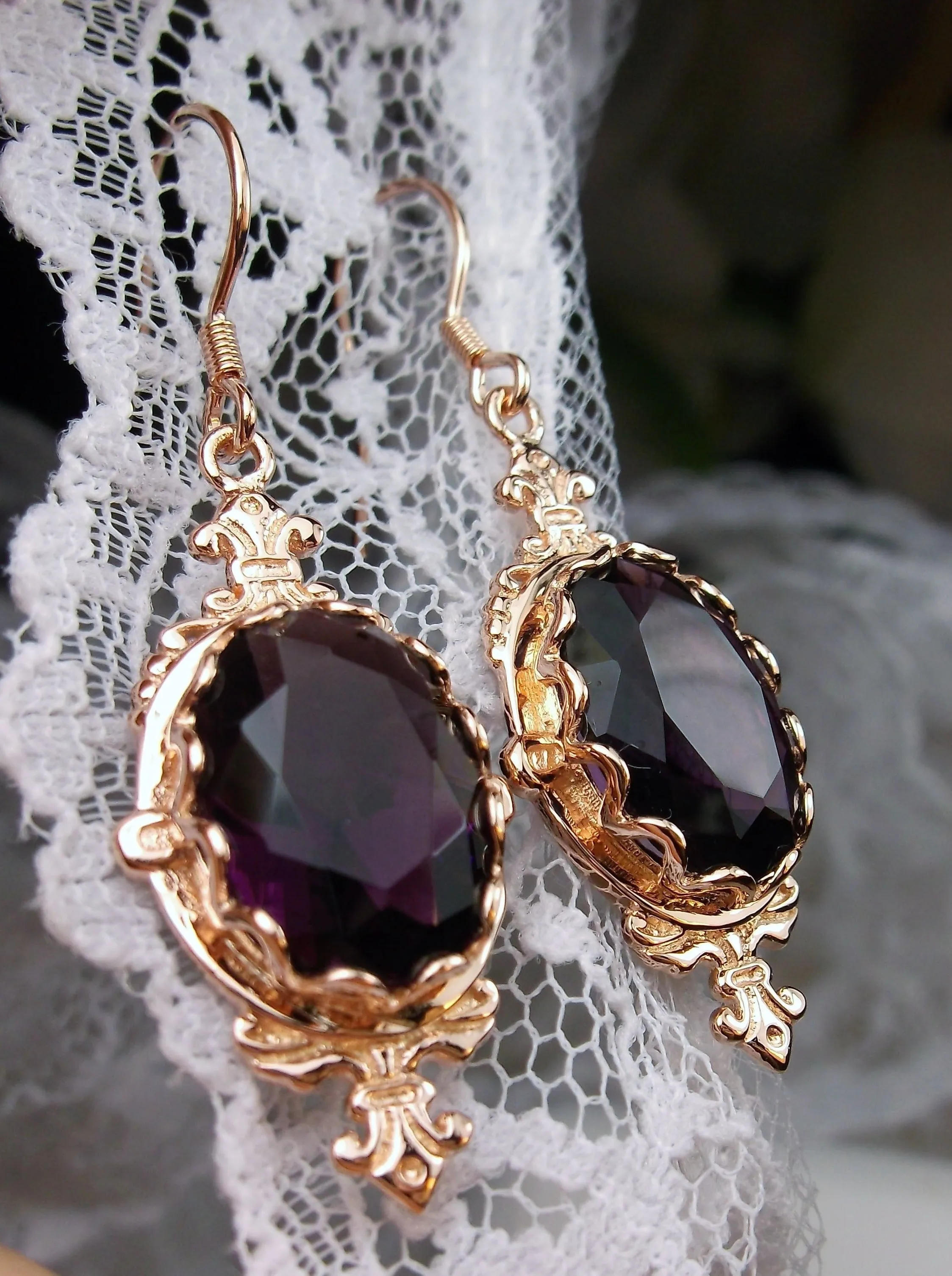 Amethyst Earrings, Rose Gold-plate, Stylish Victorian Jewelry #E18
