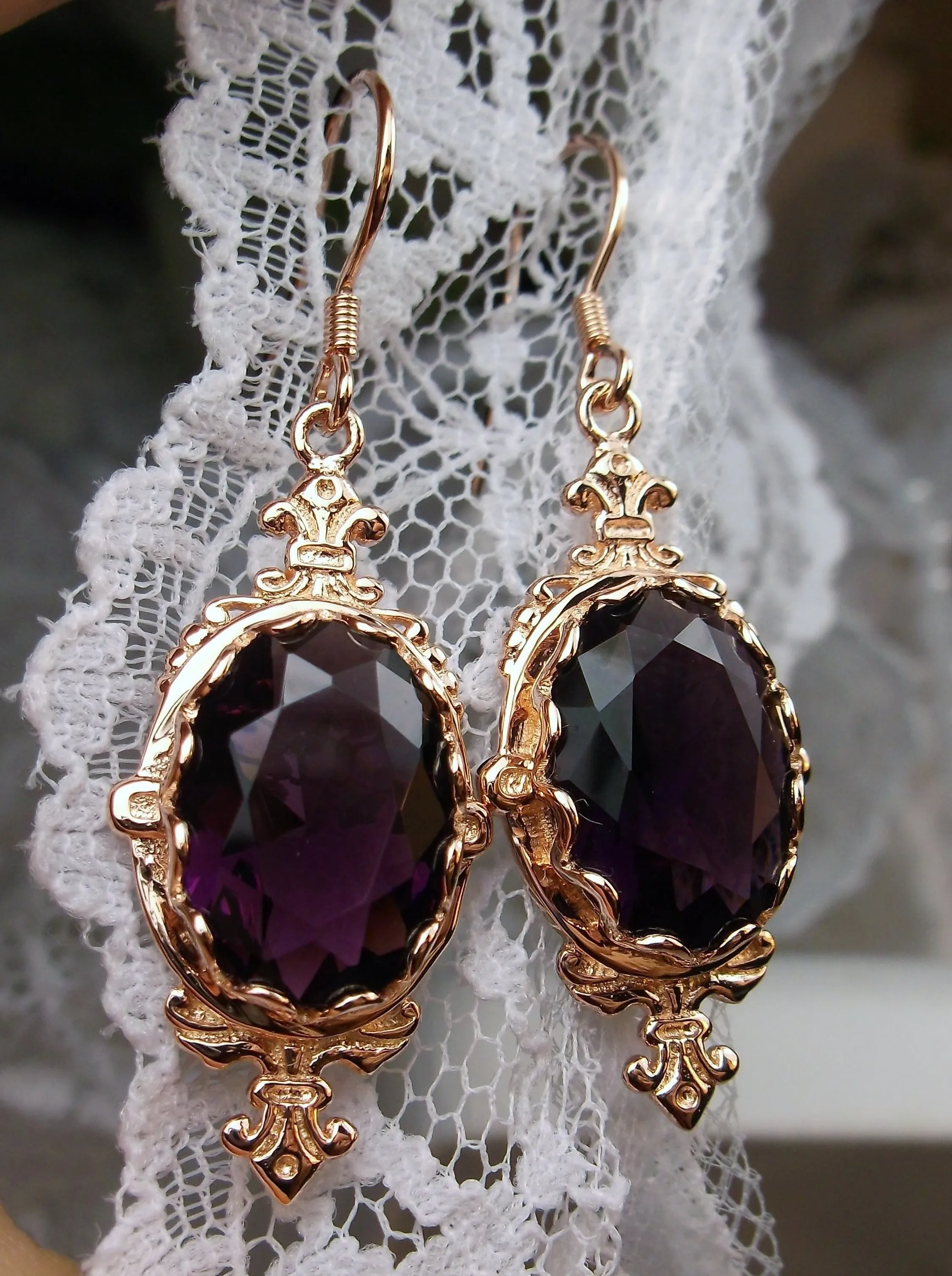 Amethyst Earrings, Rose Gold-plate, Stylish Victorian Jewelry #E18