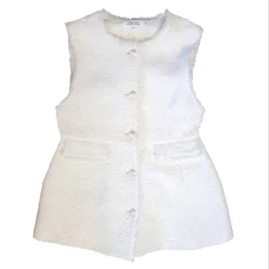 Aperge Story Womens White Tweed Vest Size 2 (Medium) Preppy Peplum Fringe Cotton