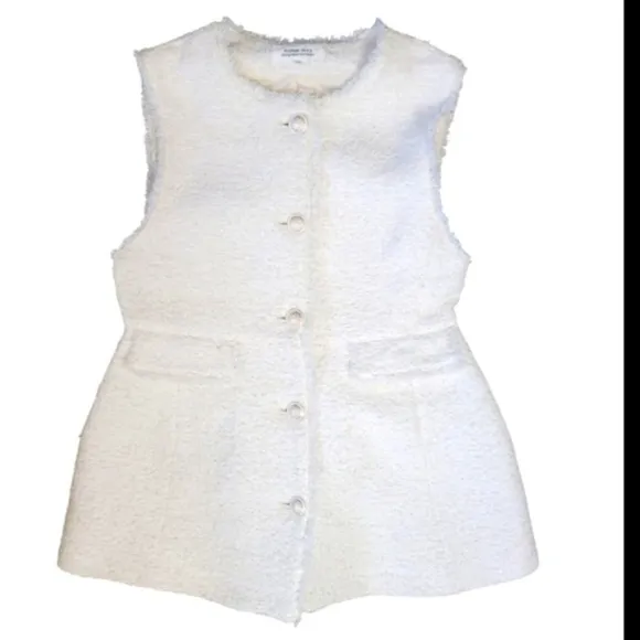 Aperge Story Womens White Tweed Vest Size 2 (Medium) Preppy Peplum Fringe Cotton