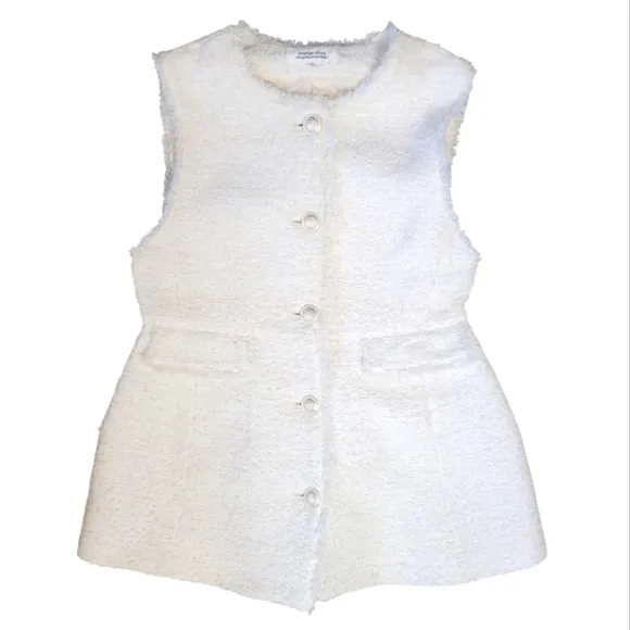 Aperge Story Womens White Tweed Vest Size 2 (Medium) Preppy Peplum Fringe Cotton