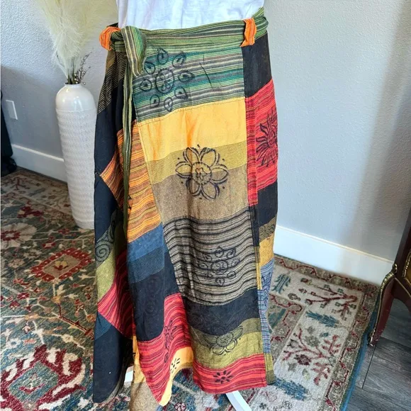Artisan Nepal Patchwork Cotton Wrap Skirt - Gold- Green