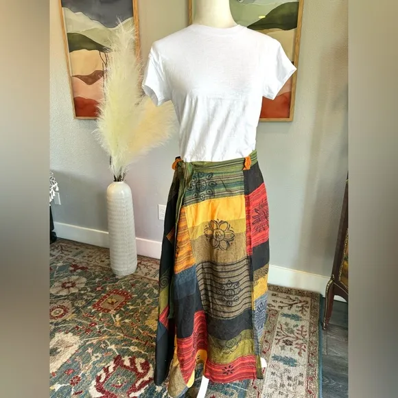 Artisan Nepal Patchwork Cotton Wrap Skirt - Gold- Green