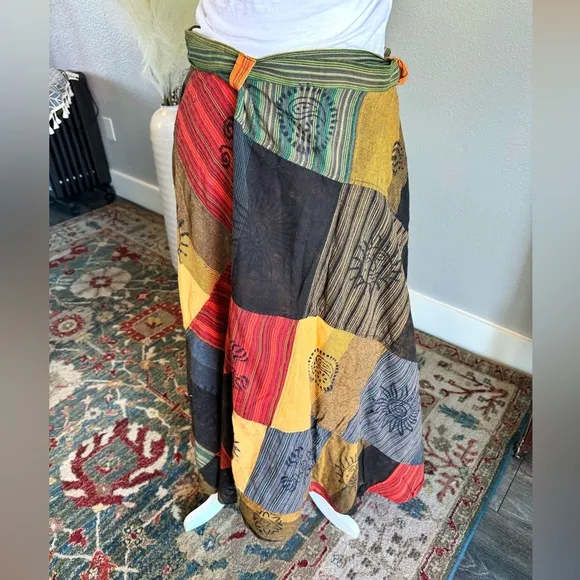 Artisan Nepal Patchwork Cotton Wrap Skirt - Gold- Green