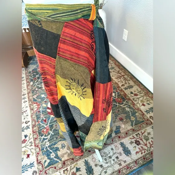 Artisan Nepal Patchwork Cotton Wrap Skirt - Gold- Green
