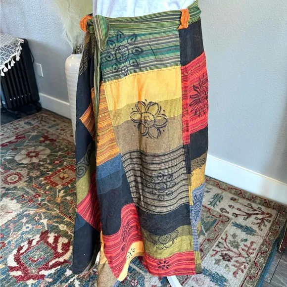 Artisan Nepal Patchwork Cotton Wrap Skirt - Gold- Green