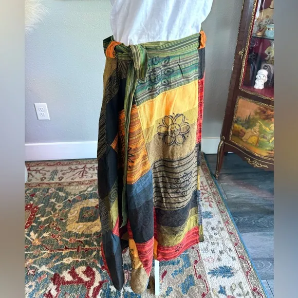 Artisan Nepal Patchwork Cotton Wrap Skirt - Gold- Green