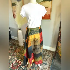 Artisan Nepal Patchwork Cotton Wrap Skirt - Gold- Green