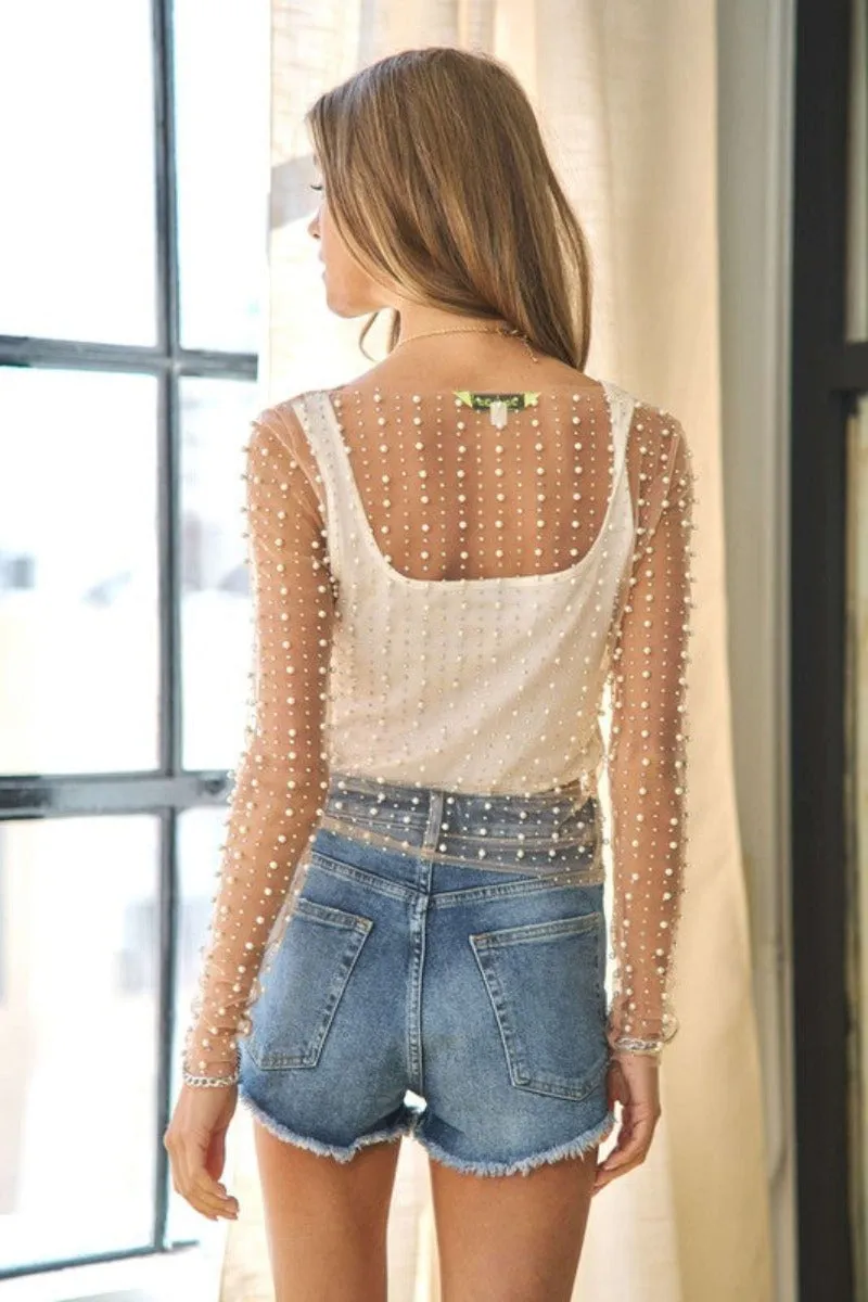 Bead and Pearl Embellished Mesh Top by Davi and Dani