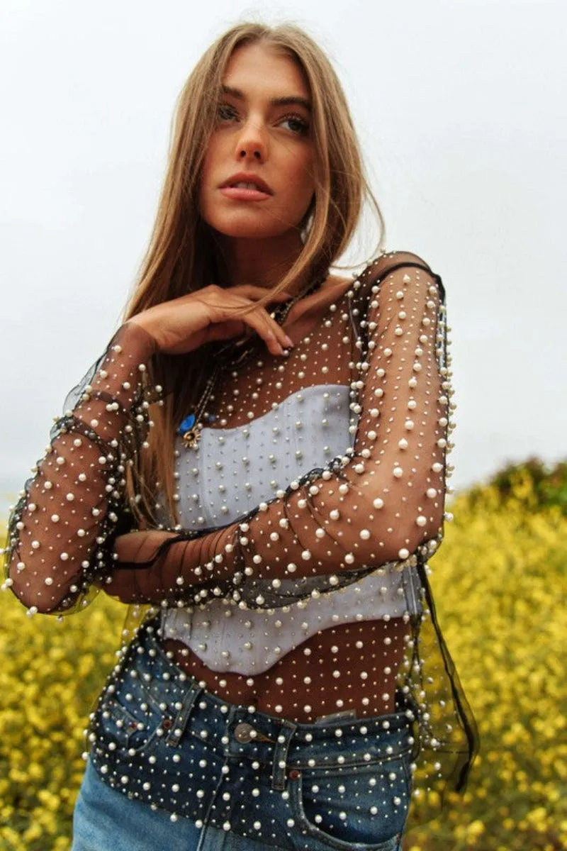 Bead and Pearl Embellished Mesh Top by Davi and Dani