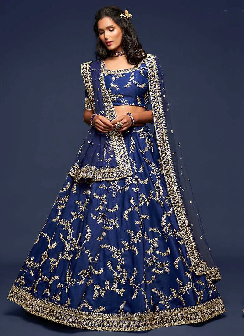 Blue And Gold Silk Embroidered Stylish Lehenga Choli