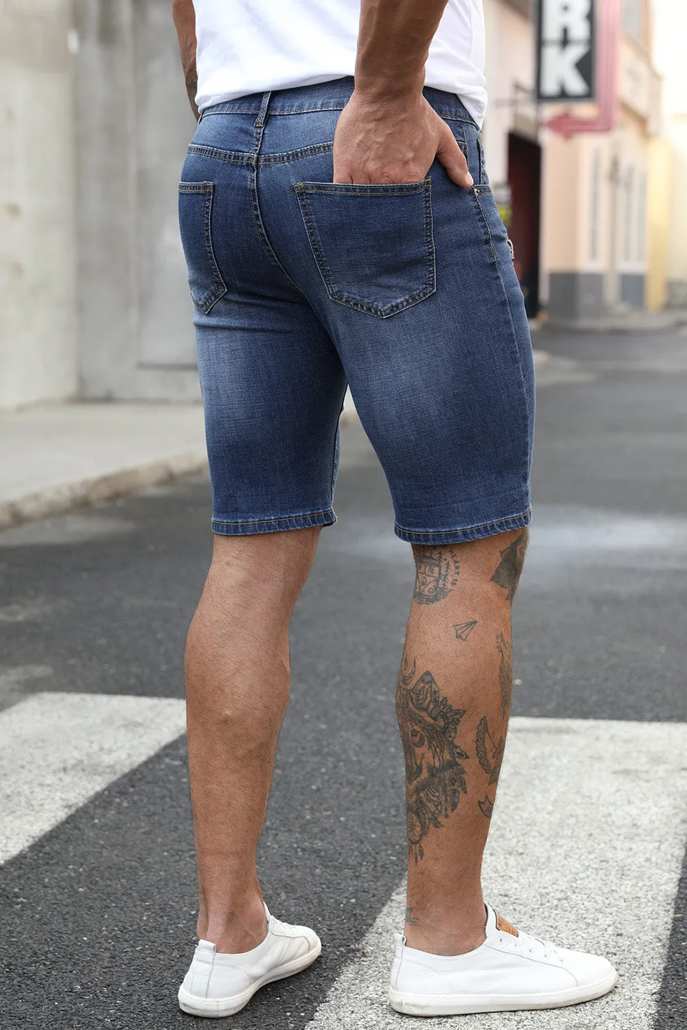 Blue Distressed Low-rise Men's Denim Shorts