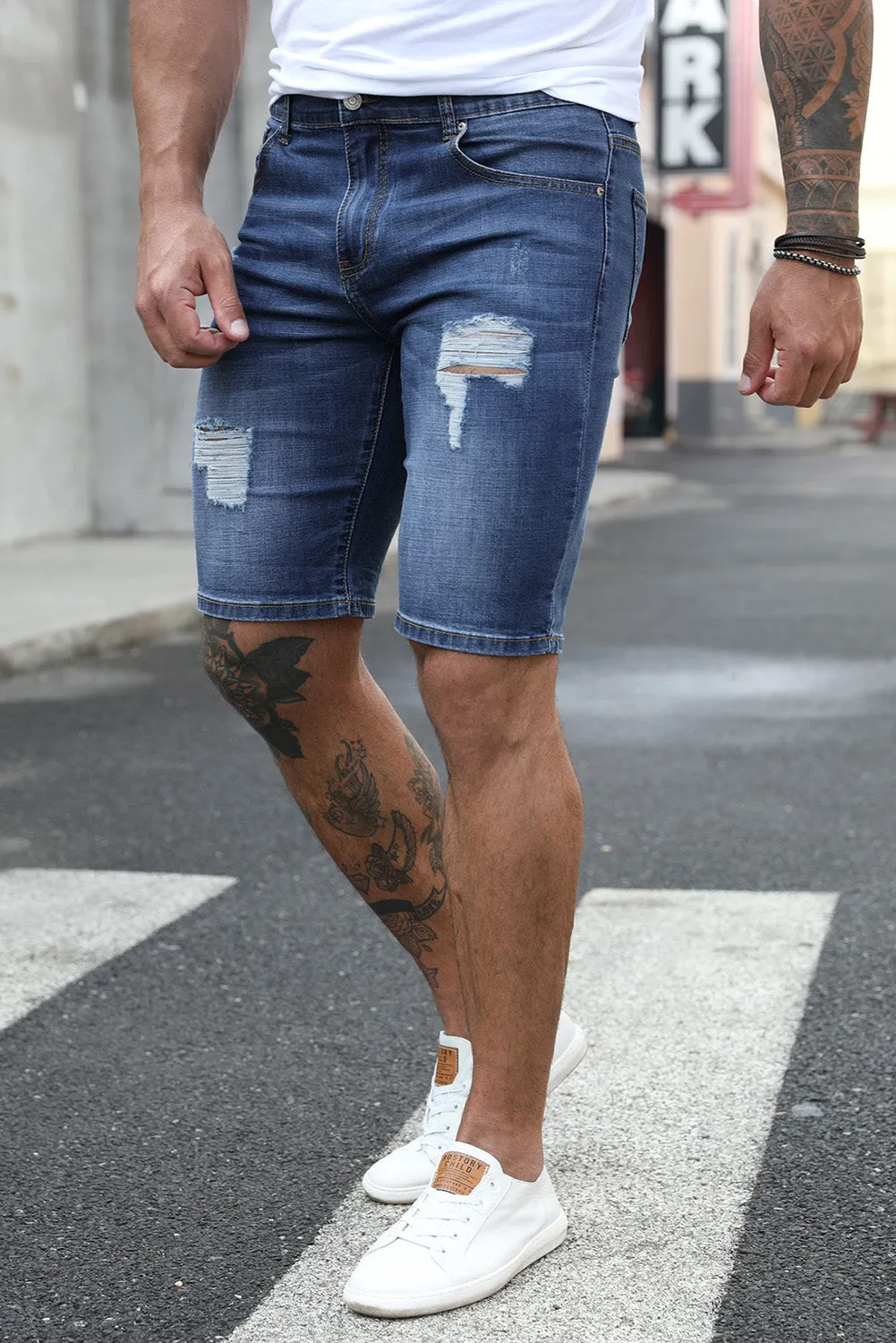 Blue Distressed Low-rise Men's Denim Shorts