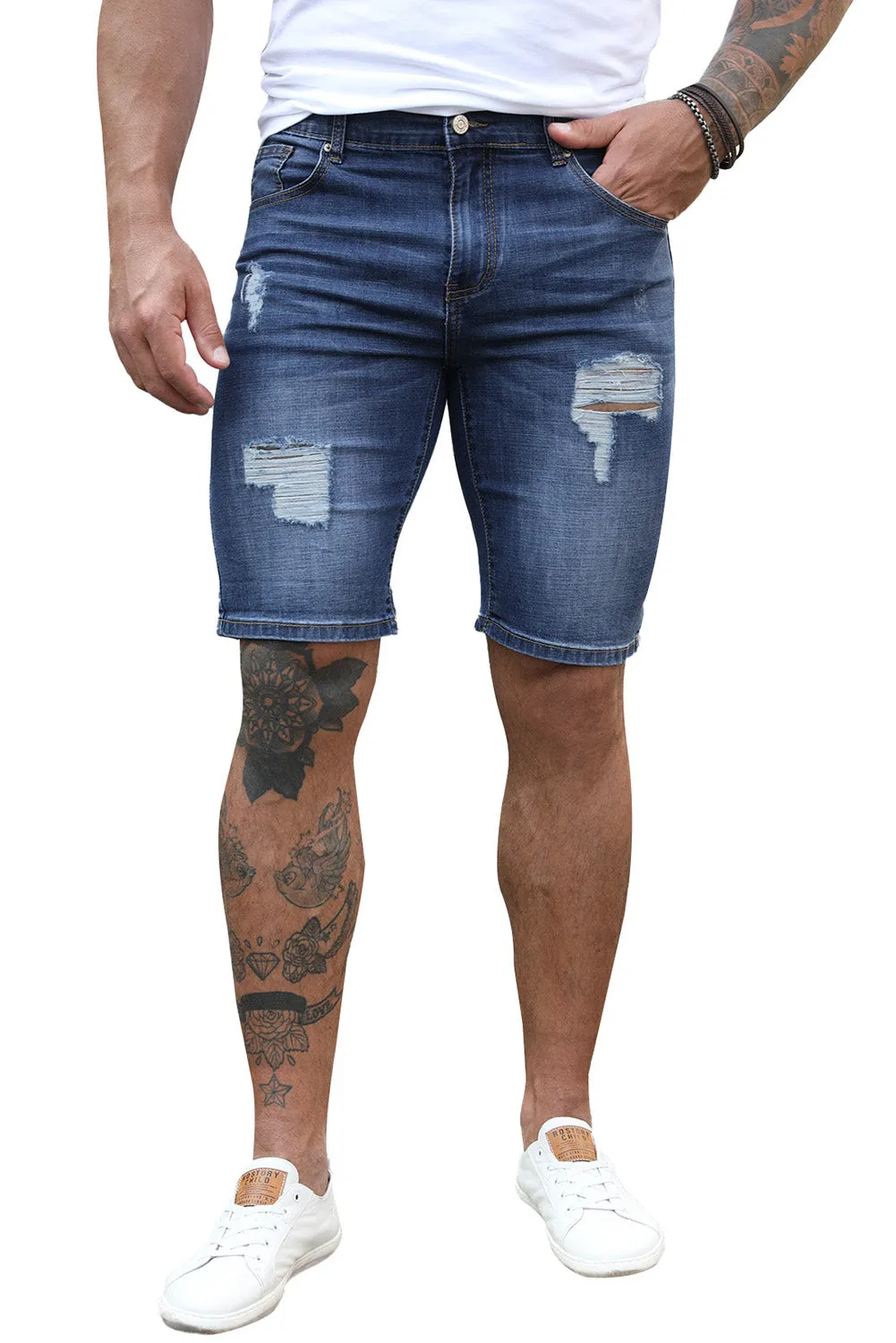 Blue Distressed Low-rise Men's Denim Shorts