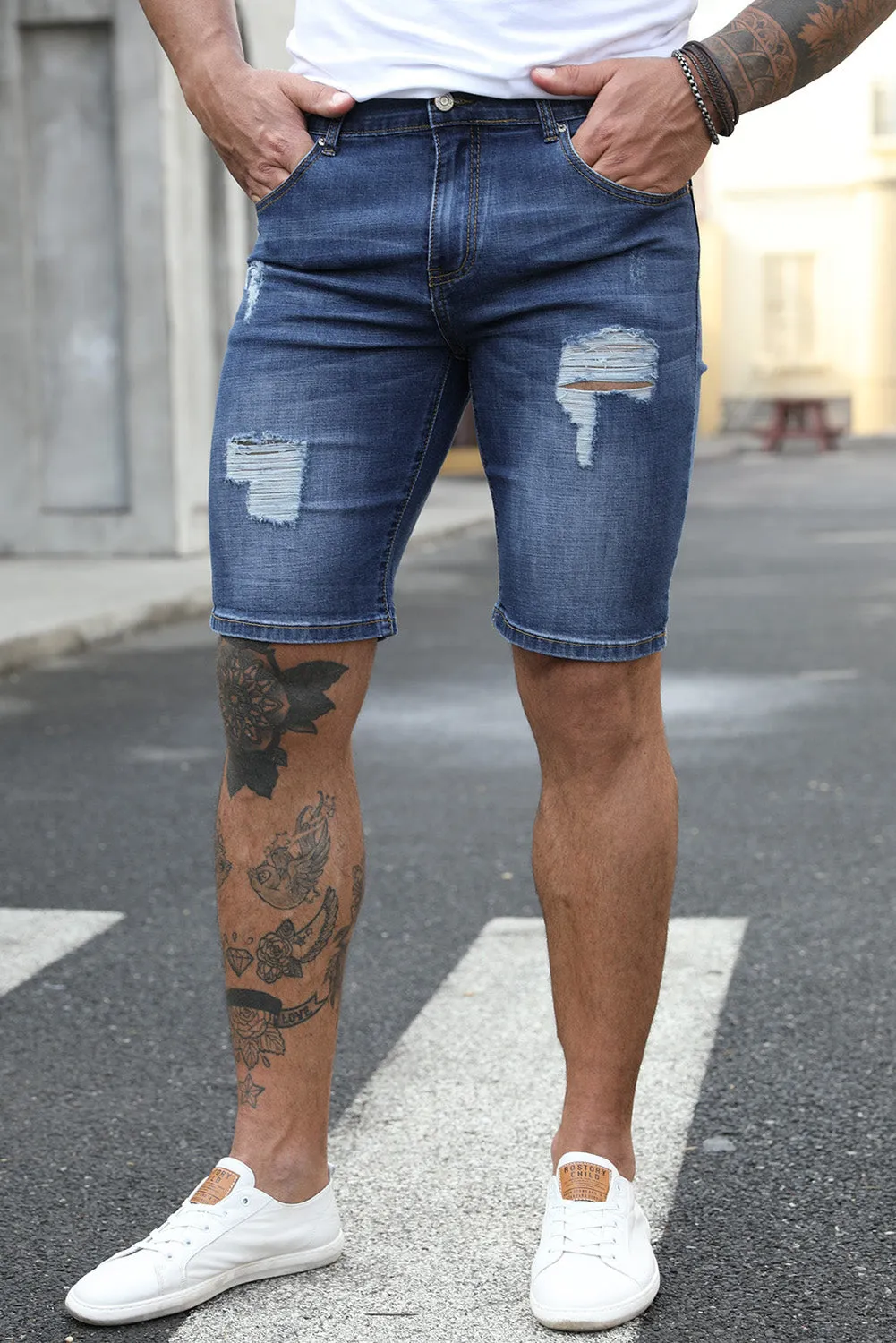 Blue Distressed Low-rise Men's Denim Shorts