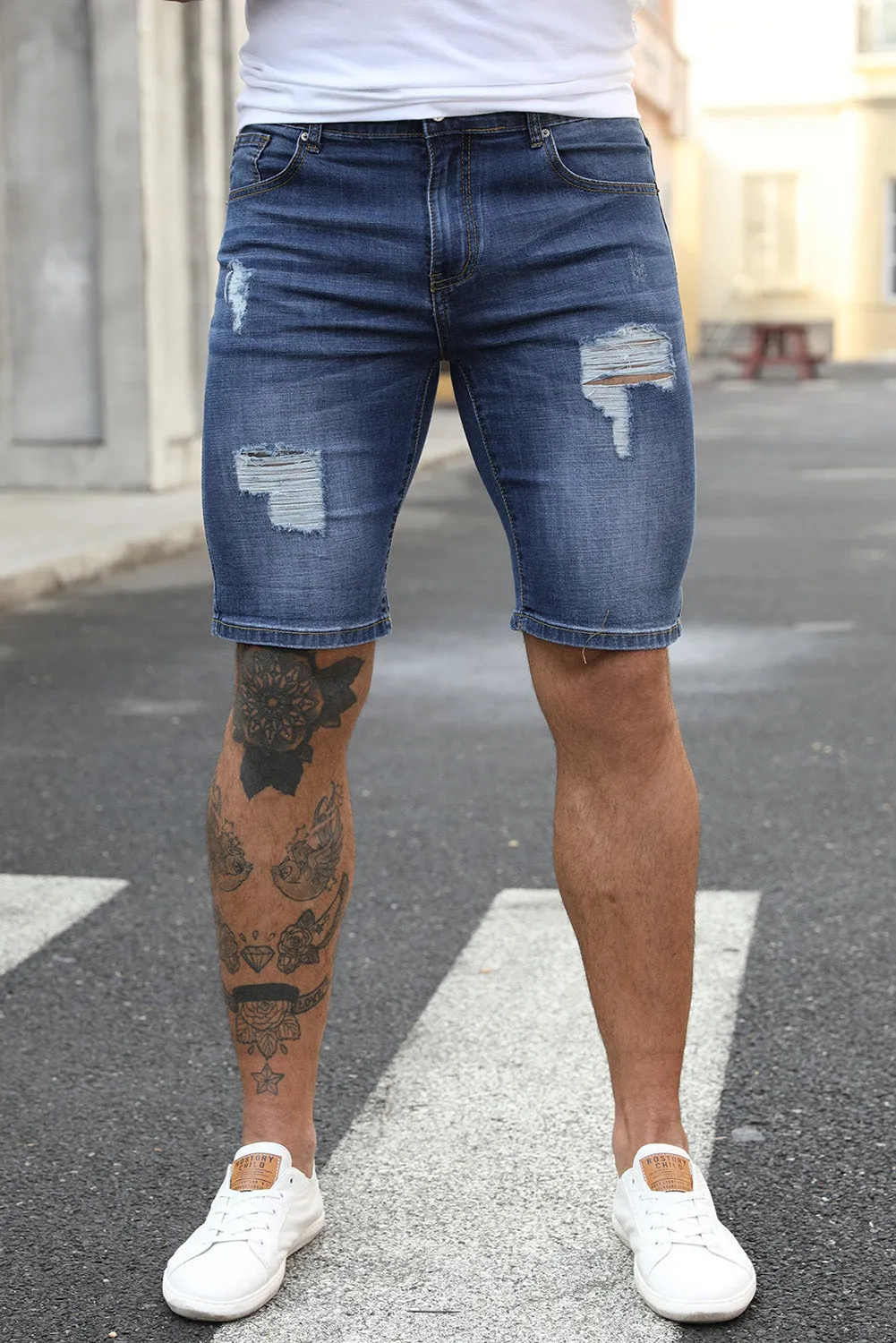 Blue Distressed Low-rise Men's Denim Shorts