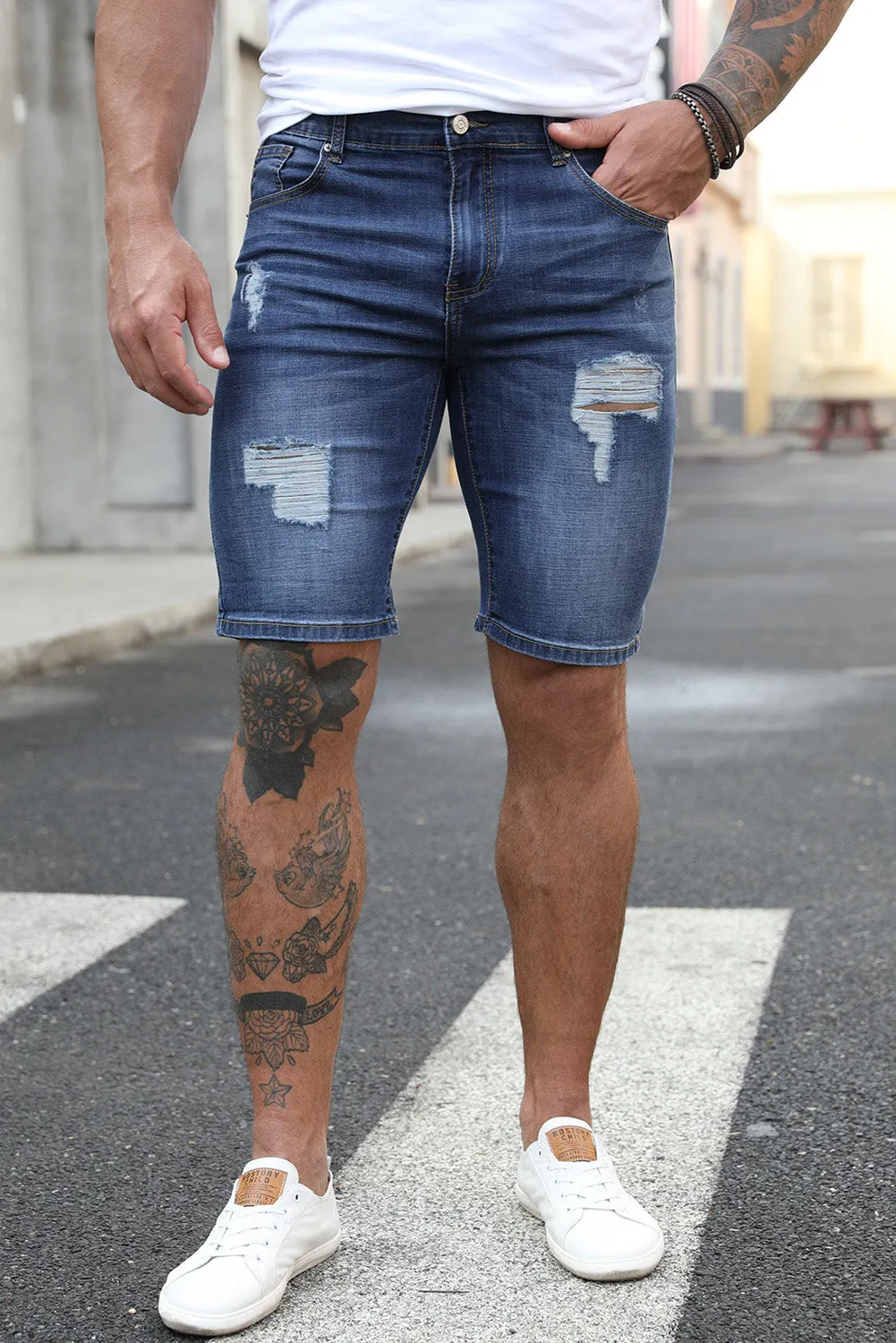 Blue Distressed Low-rise Men's Denim Shorts