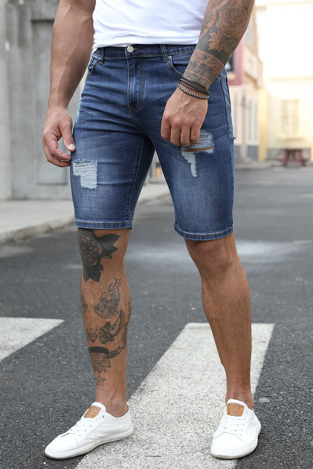 Blue Distressed Low-rise Men's Denim Shorts