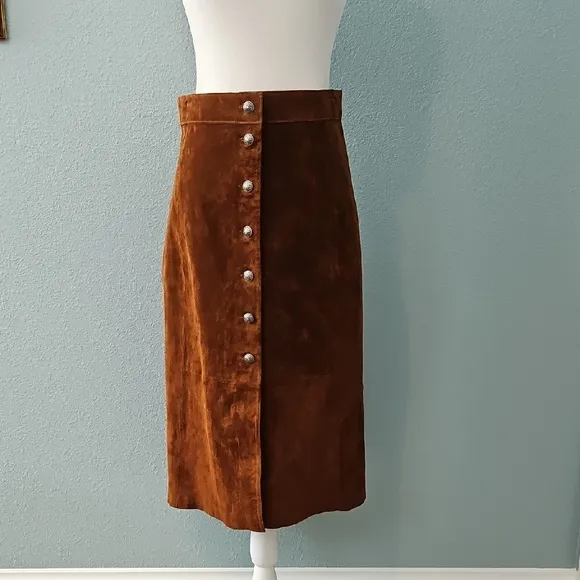 Brown Button-Front Suede Skirt