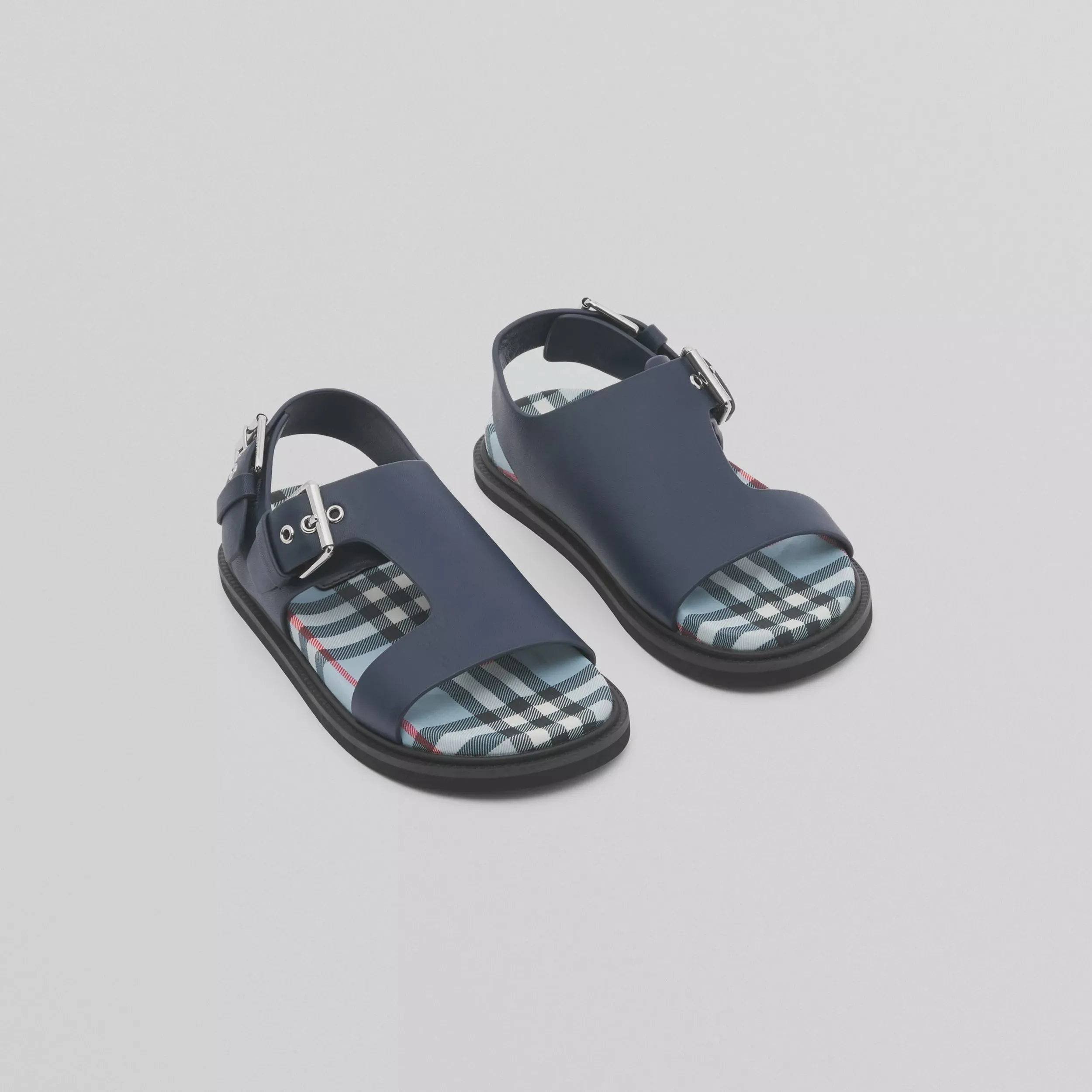 Burberry Navy Leather and Check Buckled Sandals
