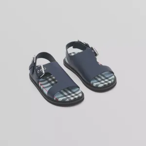 Burberry Navy Leather and Check Buckled Sandals