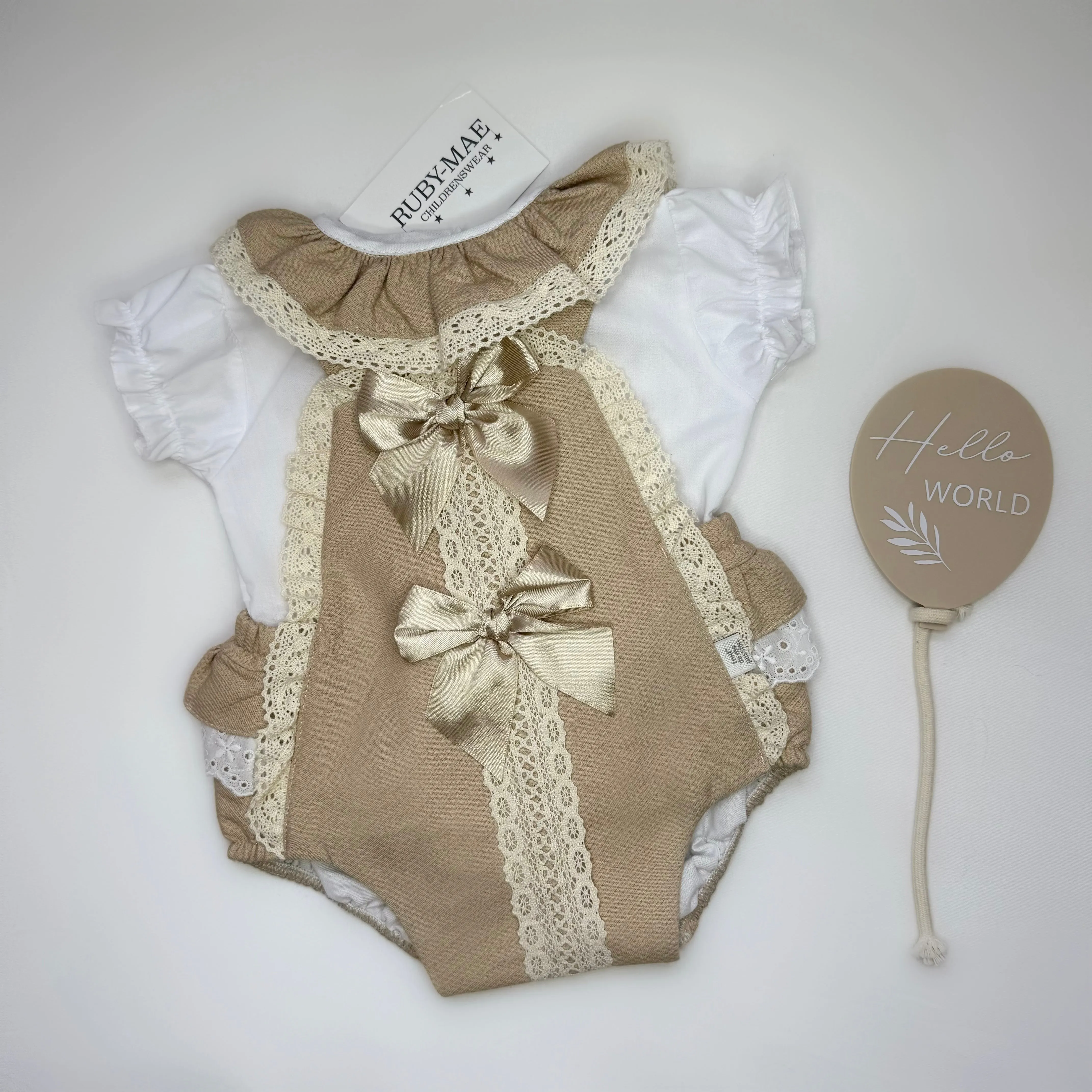 Camel Bow Front Romper With White Blouse - Elizabeth
