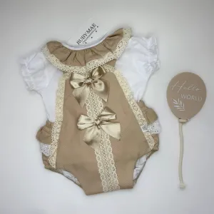 Camel Bow Front Romper With White Blouse - Elizabeth