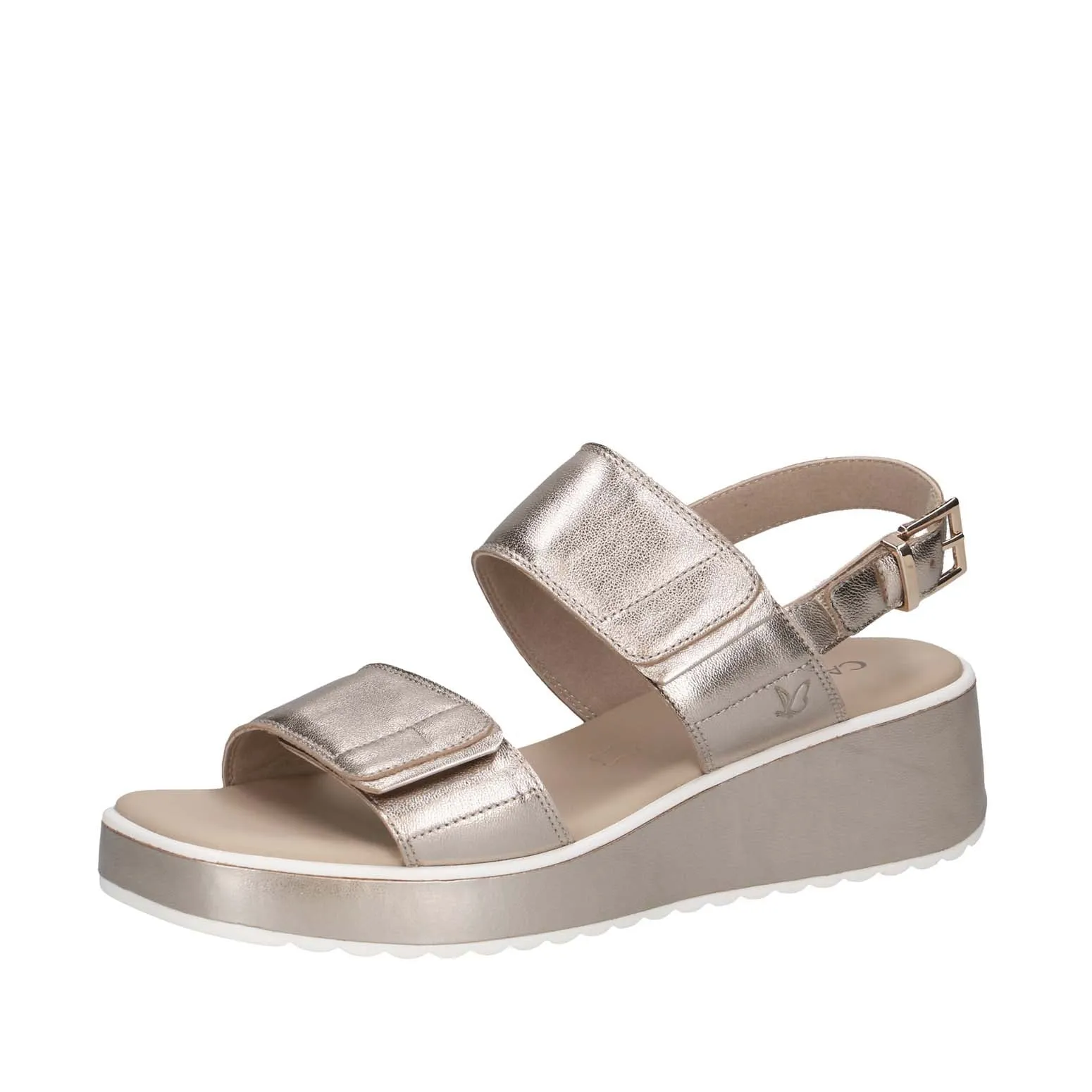 Caprice Velcro Strap Wedge Sandal Taupe Metallic