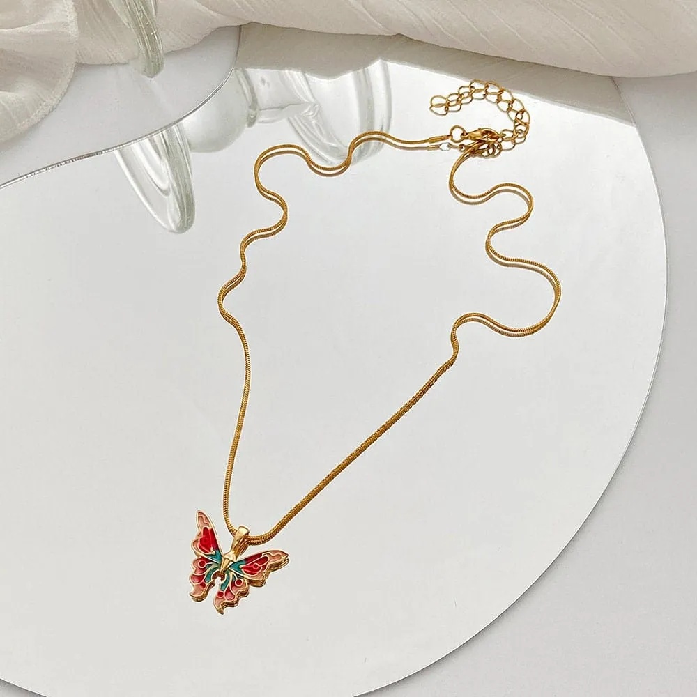 Chic Colorful Enamel Butterfly Necklace