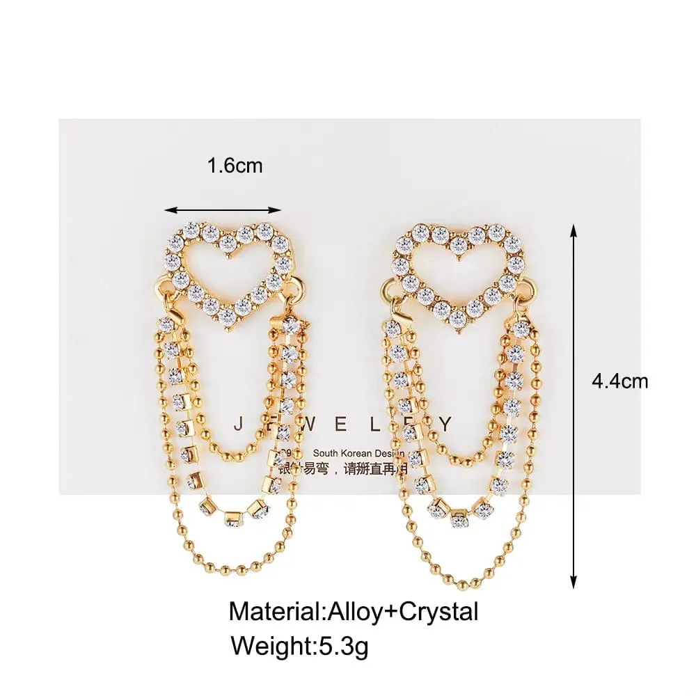 Chic CZ Inlaid Chain Tassel Heart Earrings