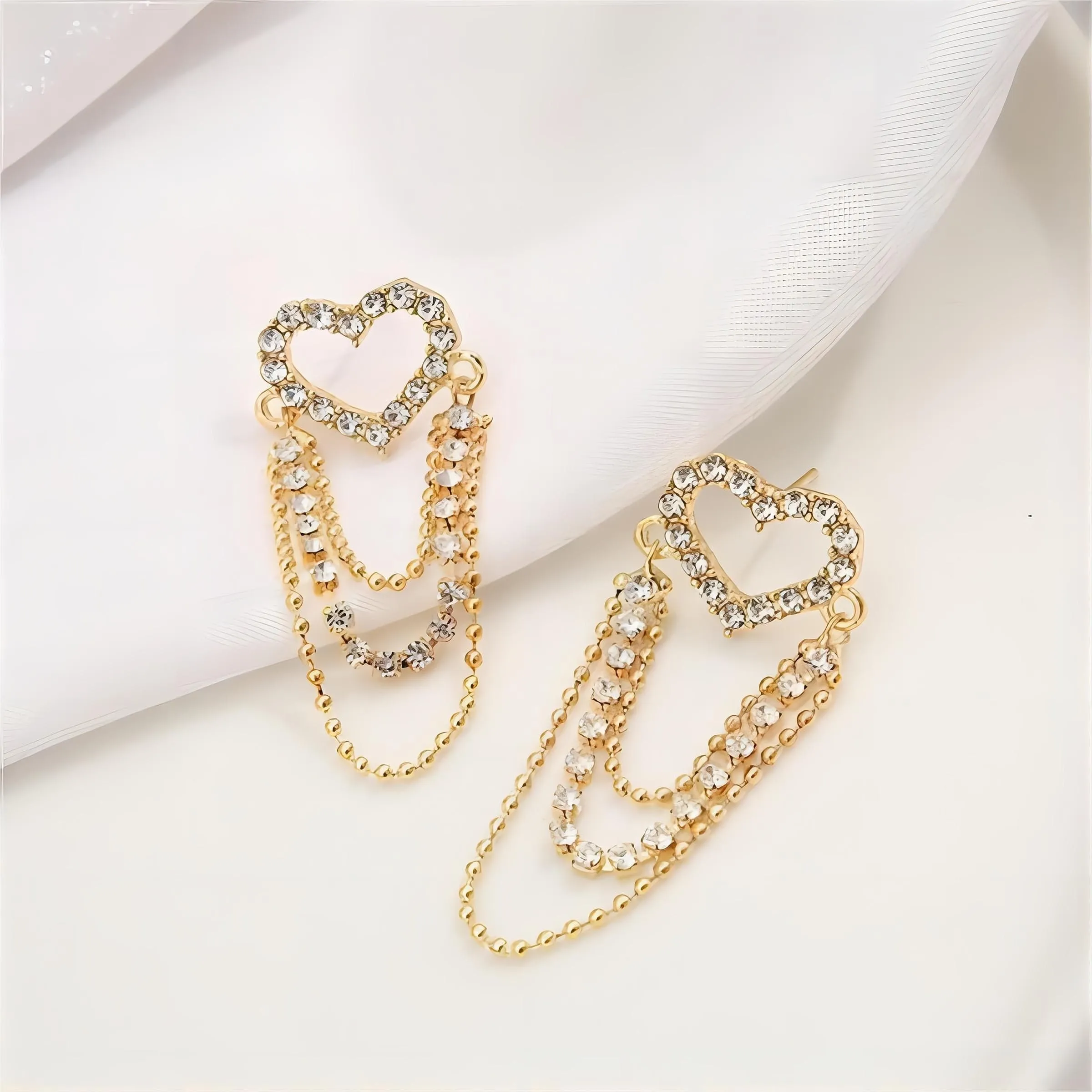 Chic CZ Inlaid Chain Tassel Heart Earrings