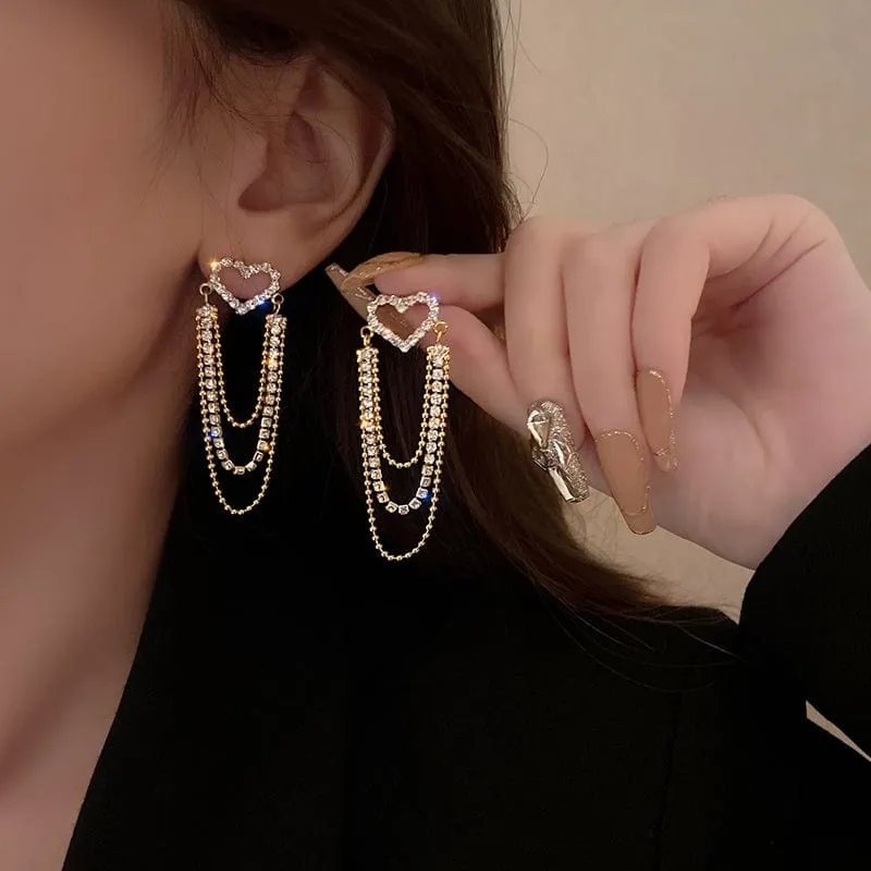 Chic CZ Inlaid Chain Tassel Heart Earrings