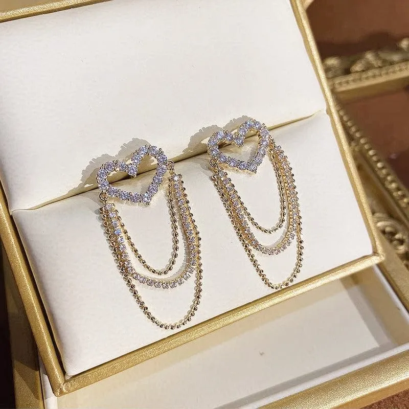 Chic CZ Inlaid Chain Tassel Heart Earrings