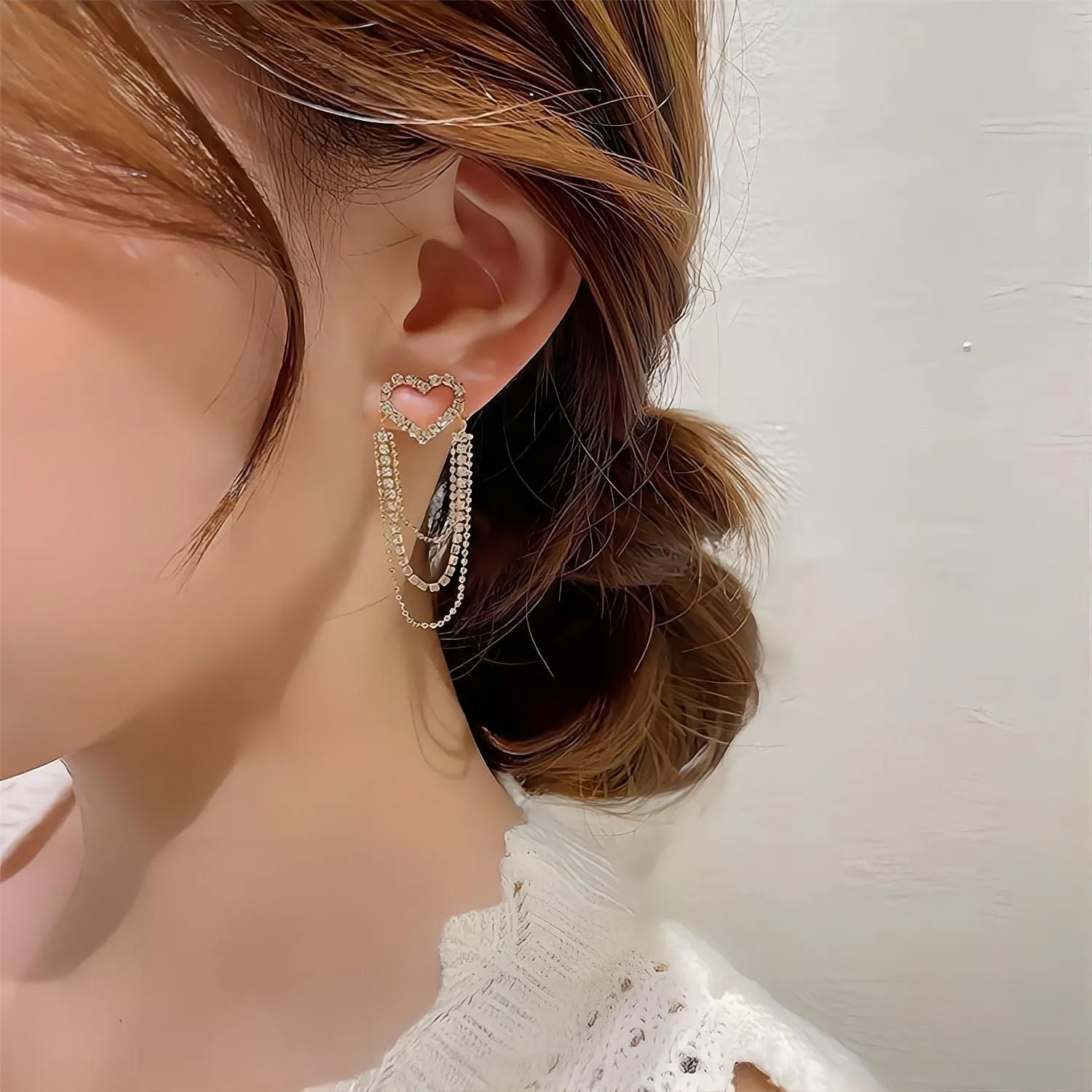 Chic CZ Inlaid Chain Tassel Heart Earrings