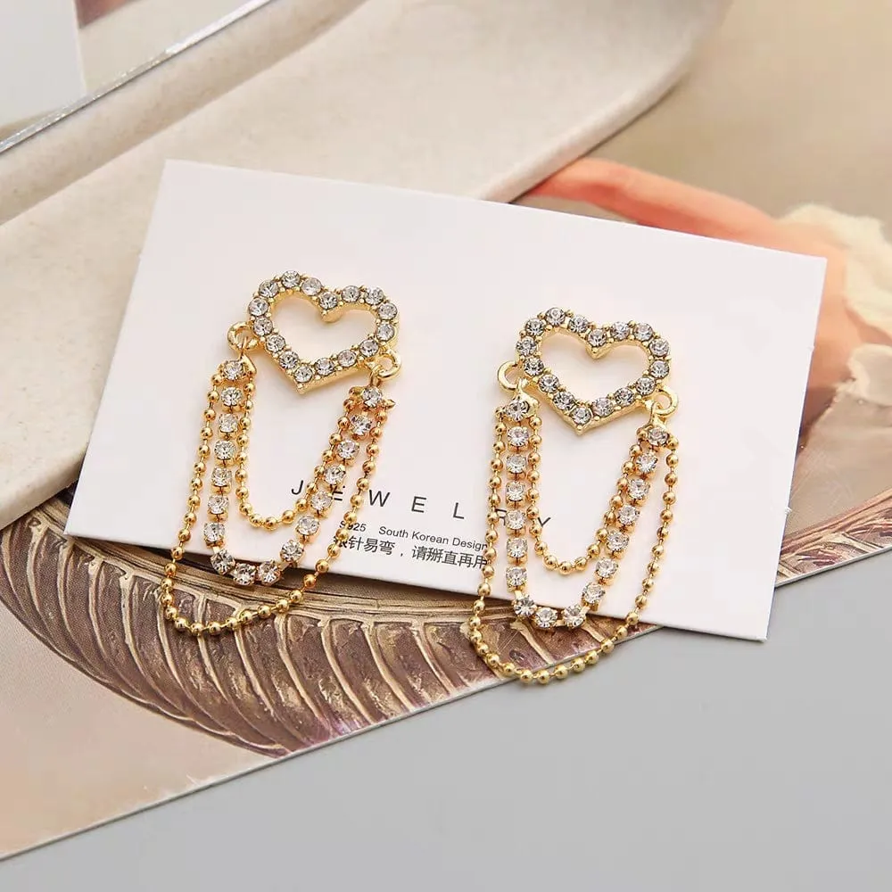 Chic CZ Inlaid Chain Tassel Heart Earrings
