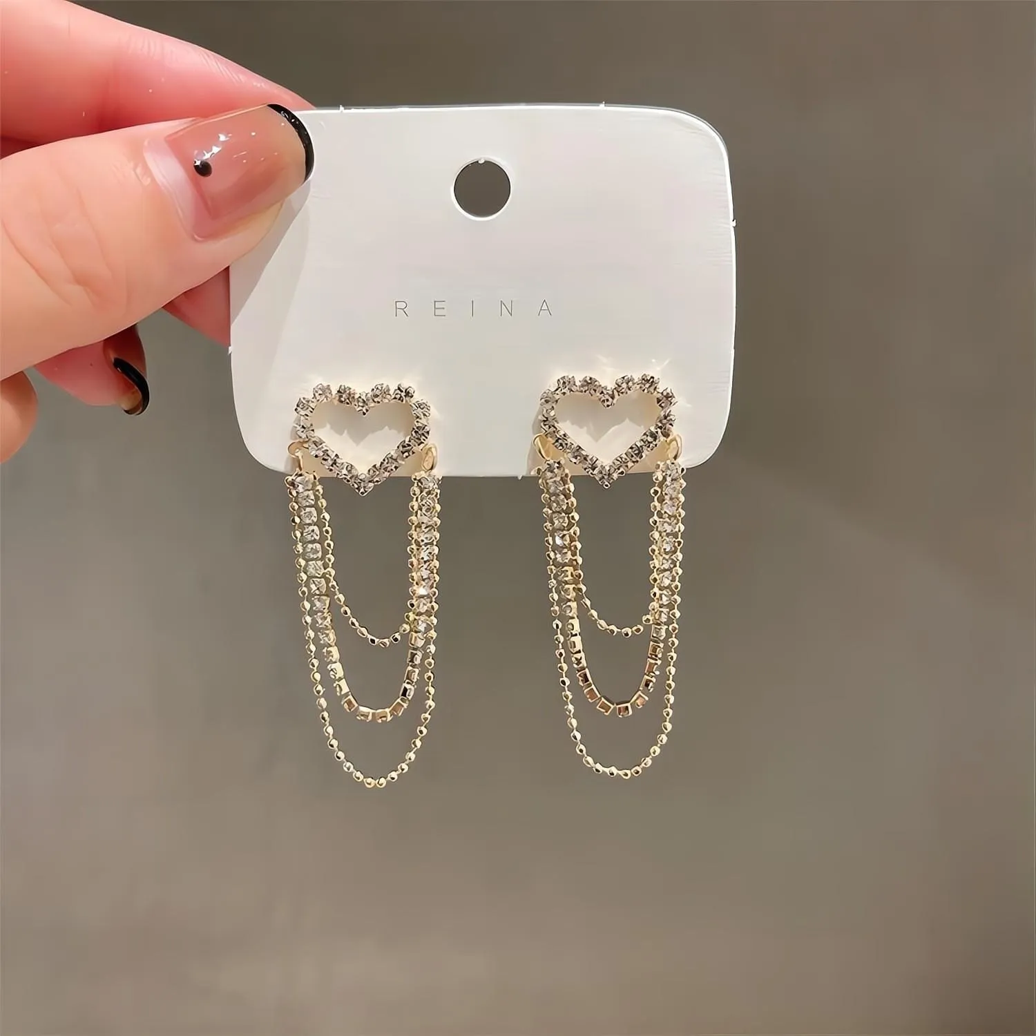 Chic CZ Inlaid Chain Tassel Heart Earrings