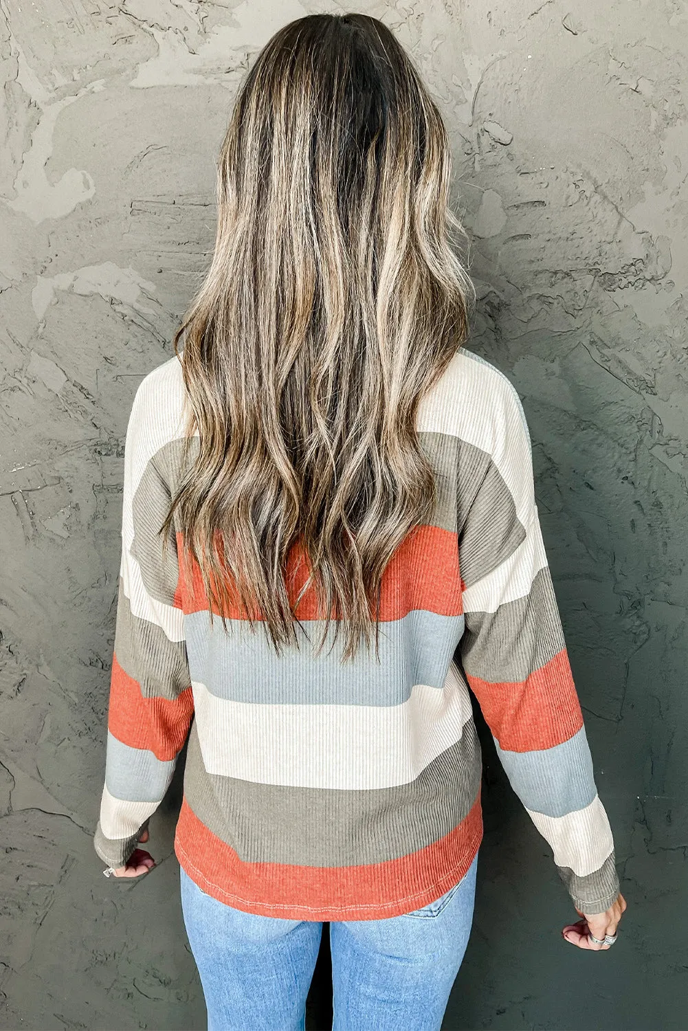 Color Block Ribbed Long Sleeve Top with Pocket
