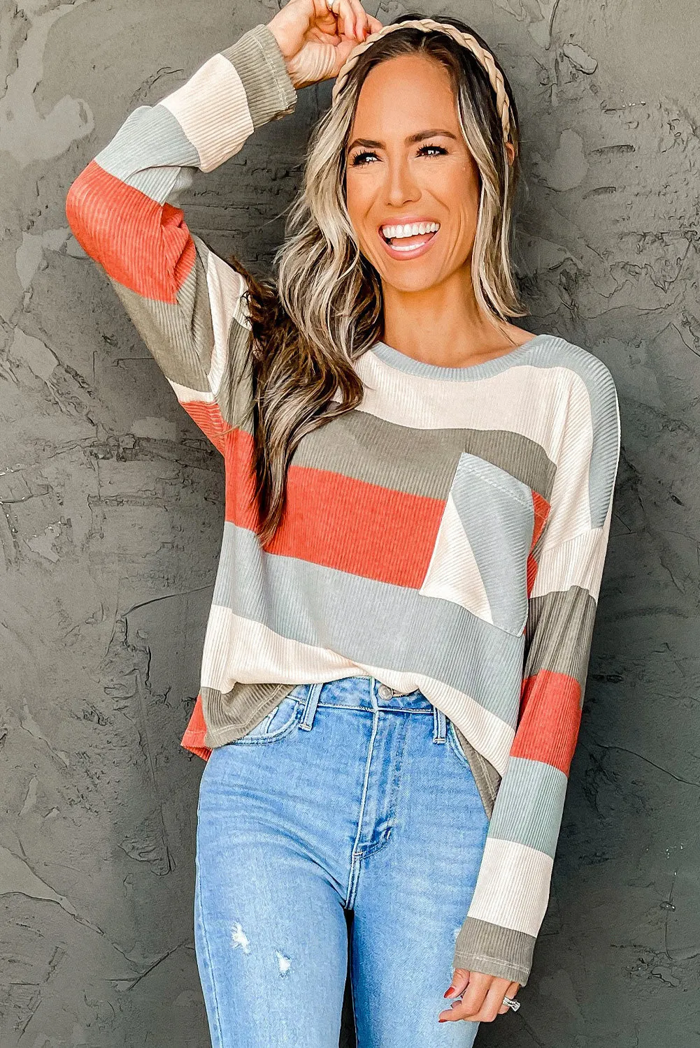 Color Block Ribbed Long Sleeve Top with Pocket