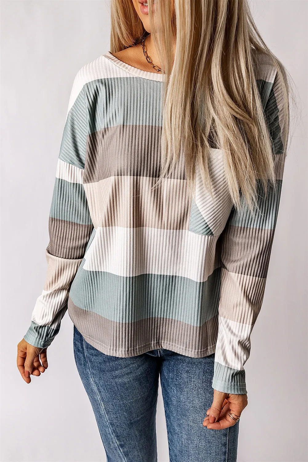 Color Block Ribbed Long Sleeve Top with Pocket