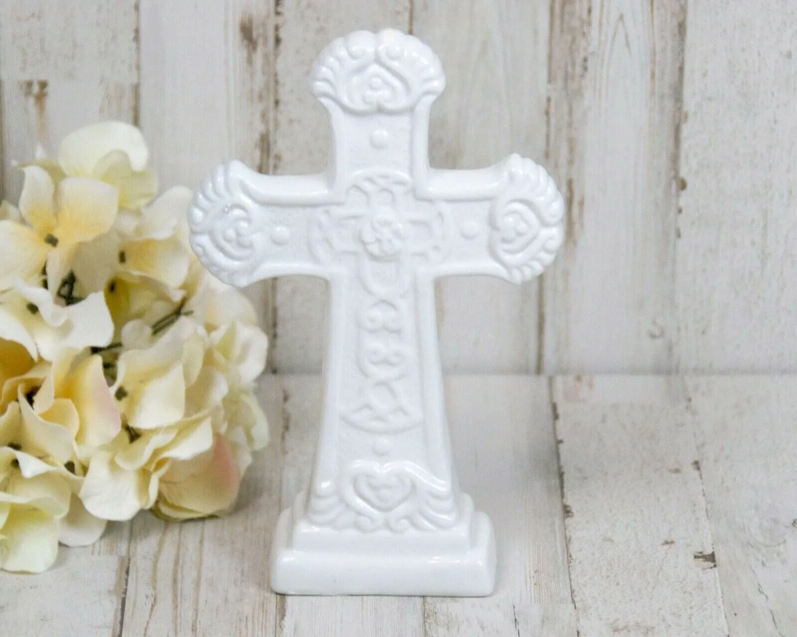 Cottage chic white ceramic cross figurine