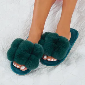 Cozy Luxe Pom POm Slippers Emerald Medium