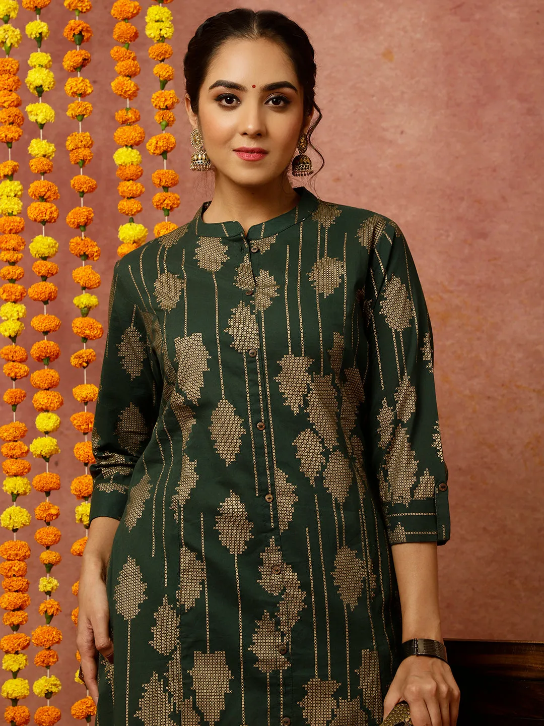 Dark Green Abstract Print A-line Kurta